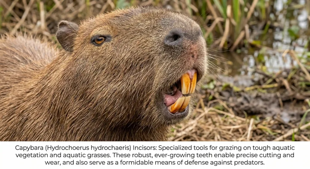 A detailed close-up of a capybara's face with its mouth open, showcasing its signature large, orange incisors. The background is a soft blur of green grass and brown earth.