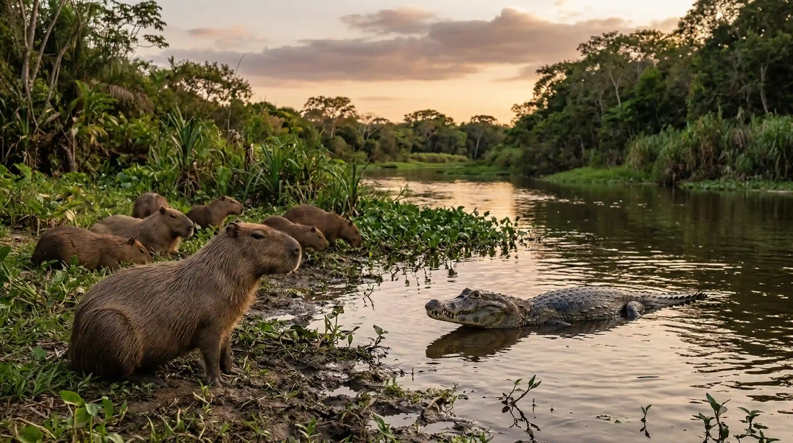 A group of capybaras resting on a muddy riverbank next to several caimans during sunset in a tropical wetland.