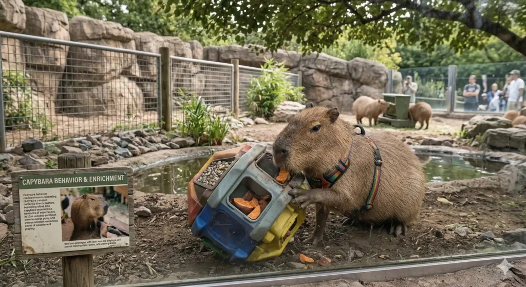 A capybara wearing a colorful geometric harness manipulates a large puzzle feeder toy to retrieve yams.