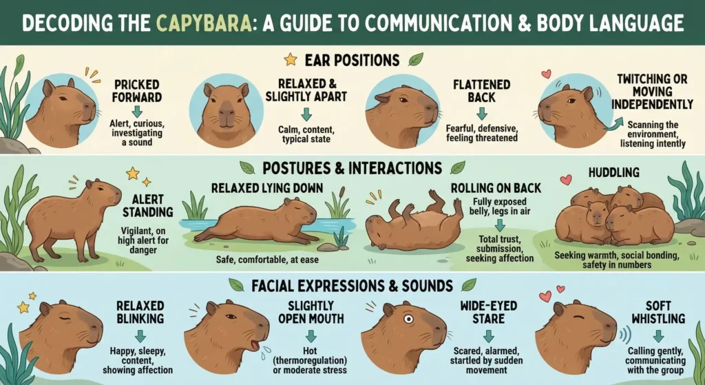 An infographic titled 'Decoding the Capybara,' illustrating various ear positions, postures, and expressions for communication.