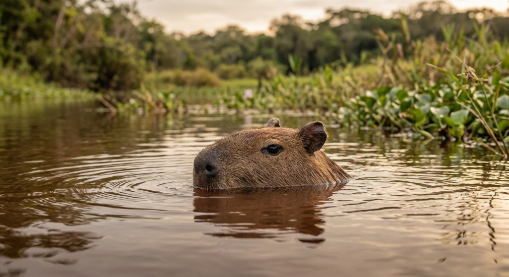 Close-up of a capybara head submerged in a murky river with eyes and ears above water, South American wetland wildlife photography.