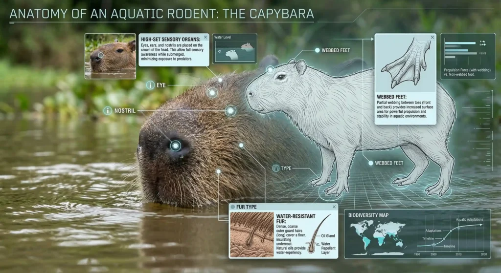 Close-up of a capybara swimming with a diagram overlay showing webbed feet, water-resistant fur, and high-set eyes and ears for semi-aquatic survival.