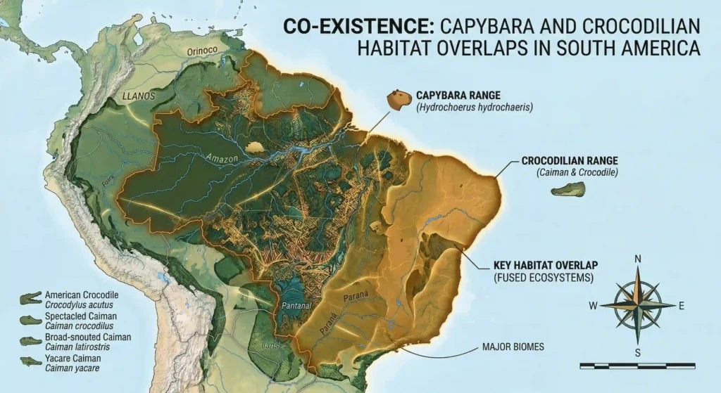 A geographical map of South America highlighting the overlapping natural habitats of capybaras and crocodilian species like Caimans. Includes labels for the Amazon, Pantanal, and Orinoco regions.