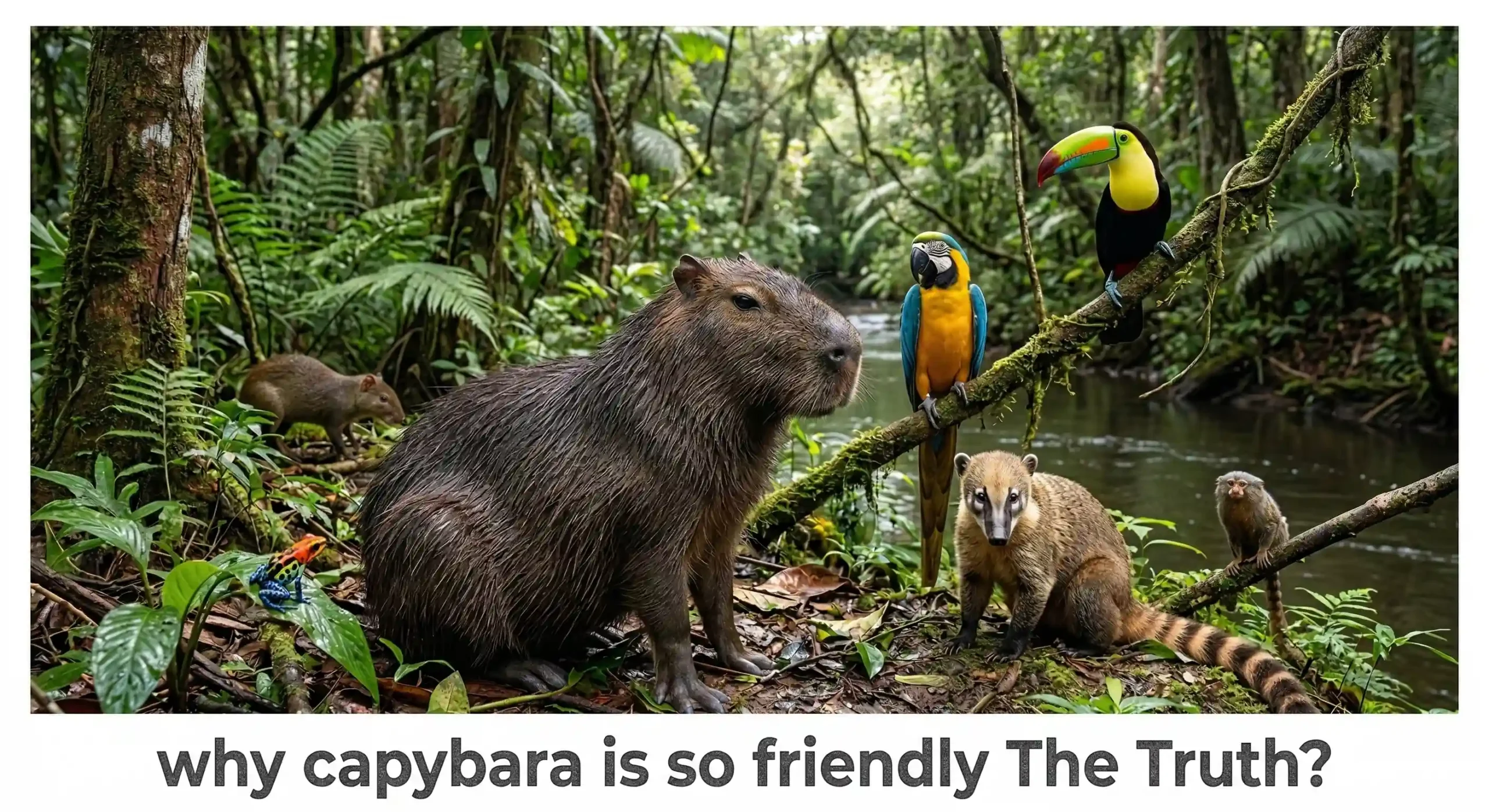 A hyper-realistic 4k photo of a large capybara sitting calmly on a muddy riverbank in a lush jungle, surrounded by a macaw, a toucan, a coati, and other wildlife.