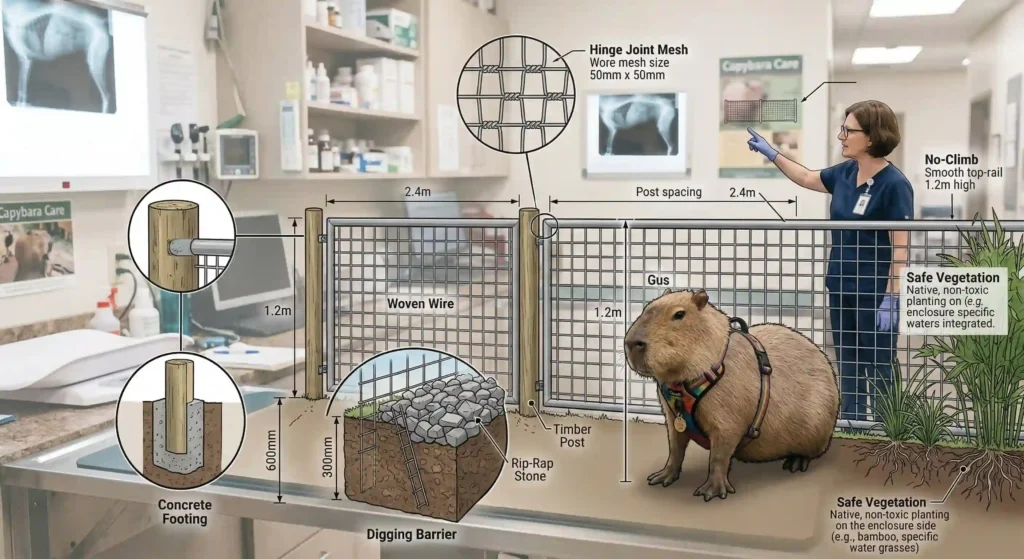 A detailed diagram with technical callouts showing a secure capybara enclosure. Elements include woven wire mesh, "Safe Vegetation", 1.2m post spacing, concrete footings, and a heavy stone "Digging Barrier". A capybara stands in front of the fence.