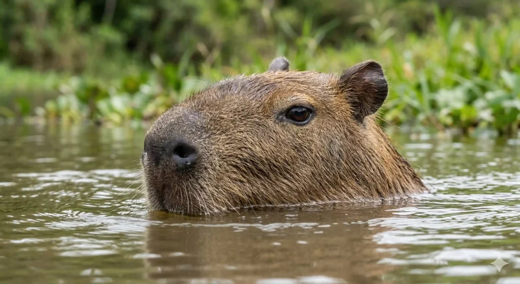 A close-up profile of a capybara swimming in a river, showing its eyes, ears, and nostrils aligned at the very top of its head to stay above the waterline.