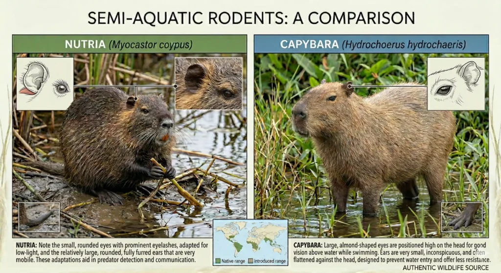 nfographic comparing the facial anatomy of a nutria and a capybara,