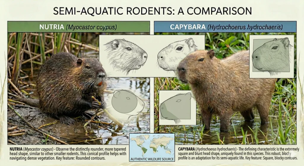 A visual comparison of head shapes between a nutria and a capybara,
