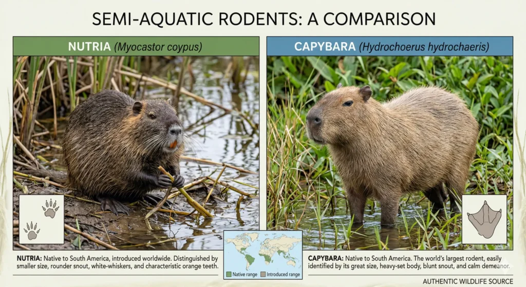 A side-by-side infographic comparing a nutria (Myocastor coypus) and a capybara (Hydrochoerus hydrochaeris) in a wetland habitat with a distribution map.