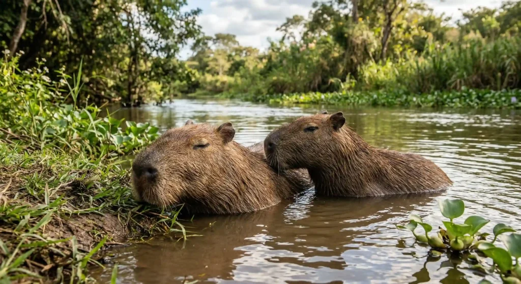 Two wet capybaras swimming and relaxing together in a calm Brazilian river surrounded