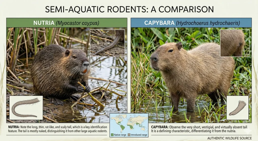 Close-up comparison of a nutria's long, scaly, rat-like tail versus the vestigial, nearly invisible tail of a capybara.
