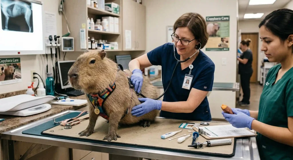 A veterinarian in blue scrubs listens to the heart of a large capybara wearing a rainbow harness. The capybara sits calmly on a clinic table while a technician holds a sweet potato treat.