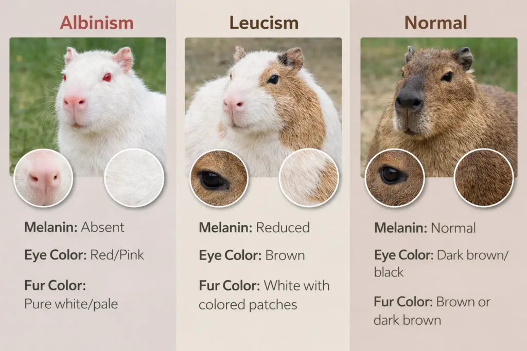 Infographic showing differences between albino, leucistic, and normal capybaras based on eye color, fur pattern, and melanin levels