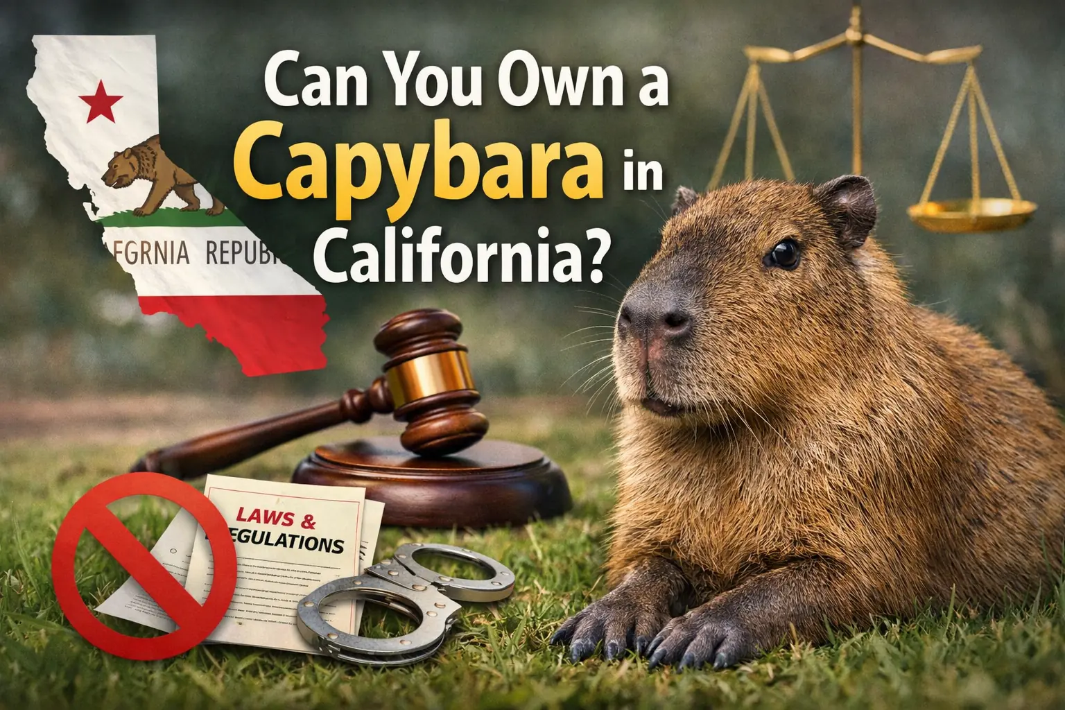 Capybara sitting on grass with legal symbols and text asking “Can you own a capybara in California?” highlighting restrictions on exotic pet ownership in California.