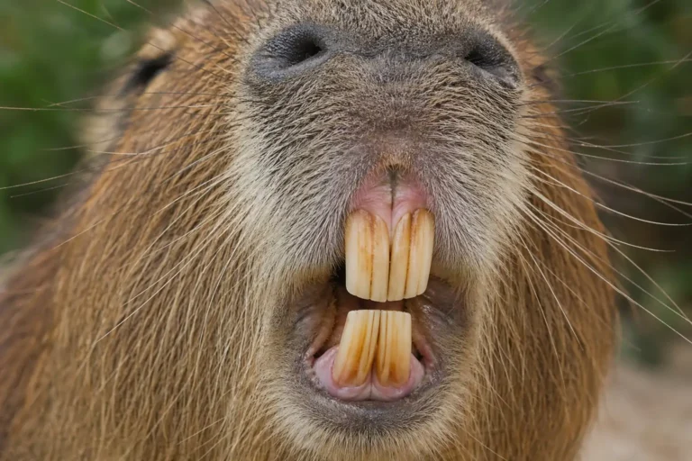 Close-up of a capybara’s mouth showing large front incisors and textured fur