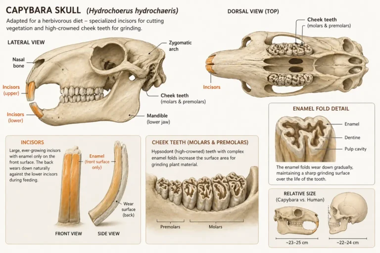 Labeled diagram of a capybara skull showing incisors, molars, and enamel folds