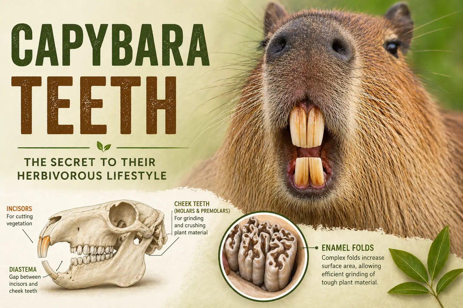 Featured image of a capybara showing large front teeth with labeled skull and molar diagram