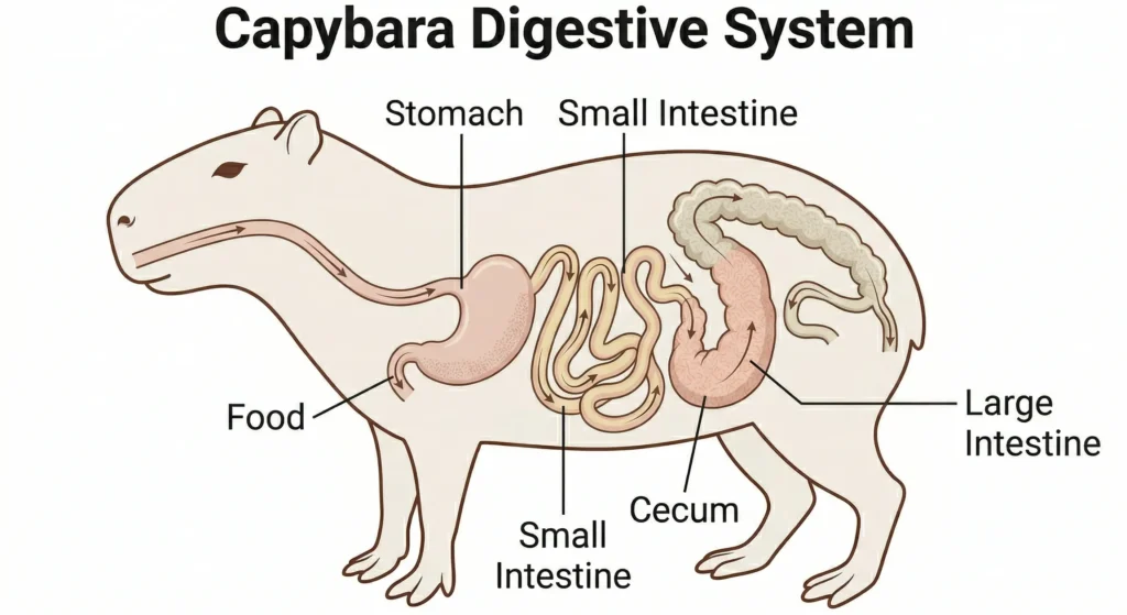 Anatomical diagram of a capybara showing the path of its digestive tract,