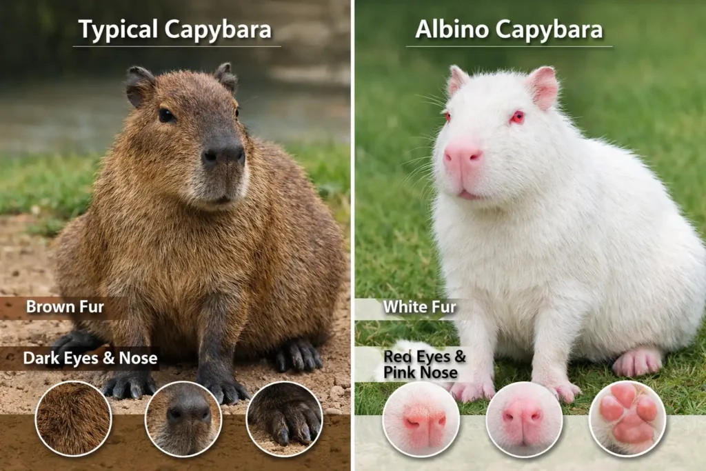 Side-by-side image of a brown capybara and an albino capybara showing differences in fur color, eye color, and nose pigmentation.