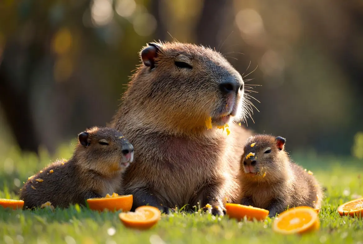 Adult capybara with three baby capybaras eating oranges on green grass, golden hour wildlife photography