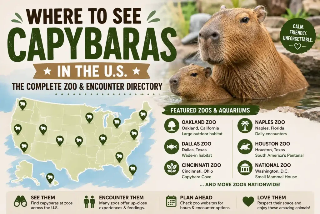 a list of zoo where capybara can be found, detail list in your area