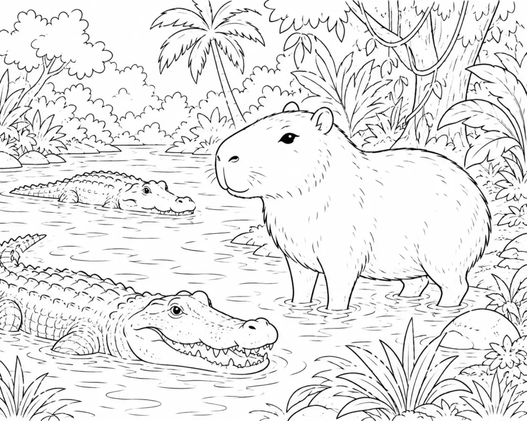 a coloring page of capybara with crocodiles