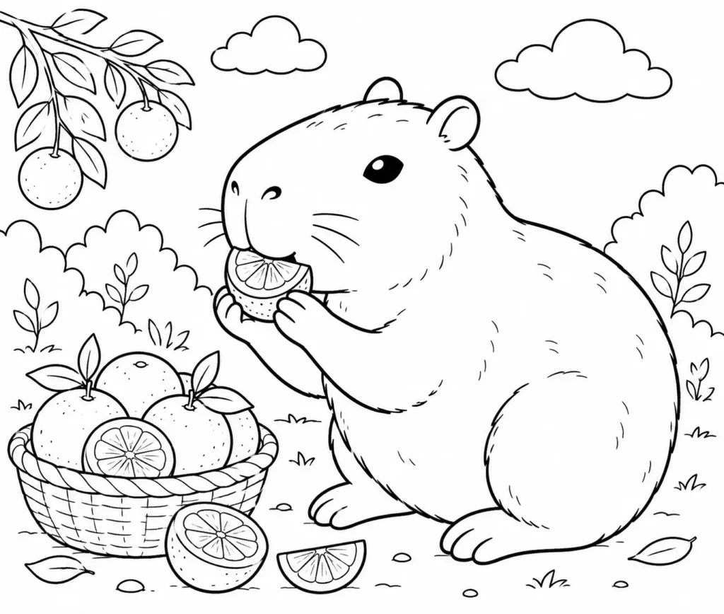 Free capybara Eating oranges drawing