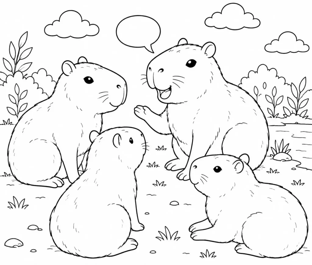 capybara color page chatting printable