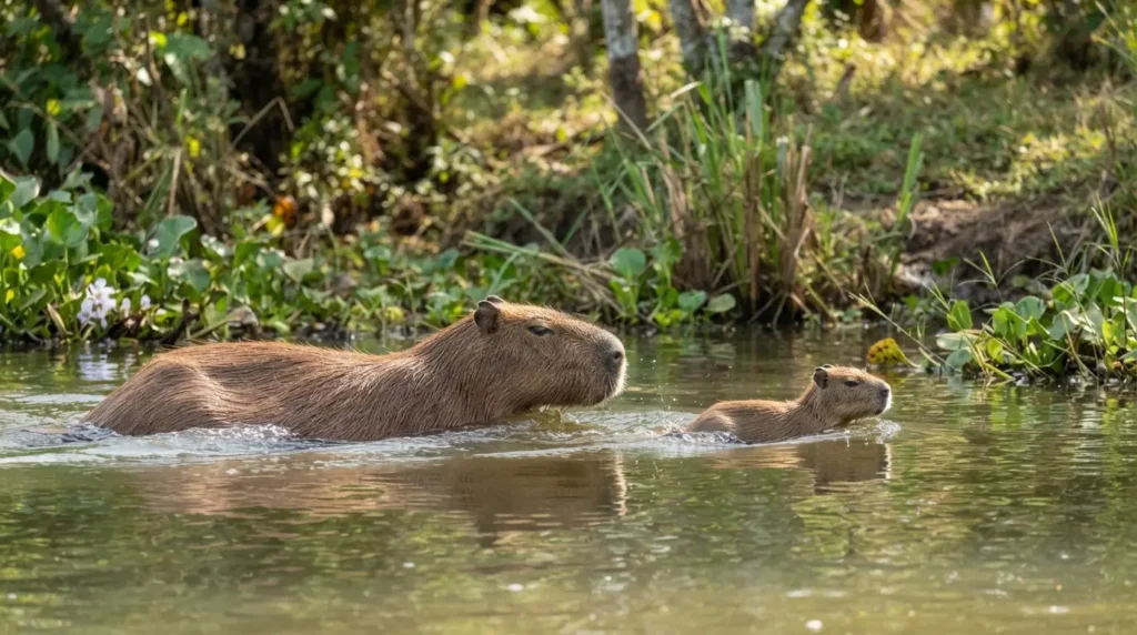Adult capybara swimming alongside a baby capybara in a freshwater wetland, showcasing the species' natural swimming ability and aquatic adaptations.