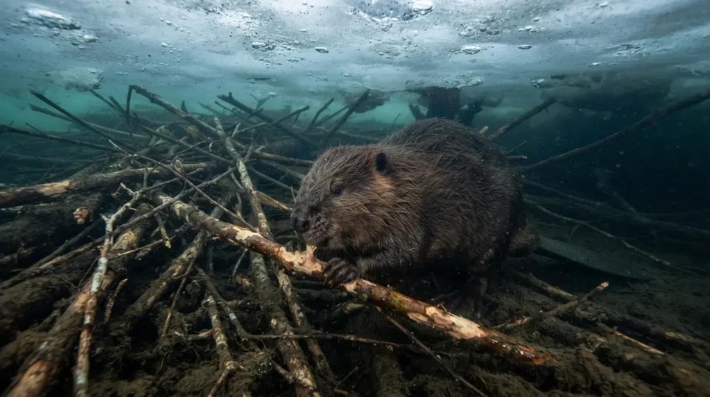 Beaver food under the water in freezing environment