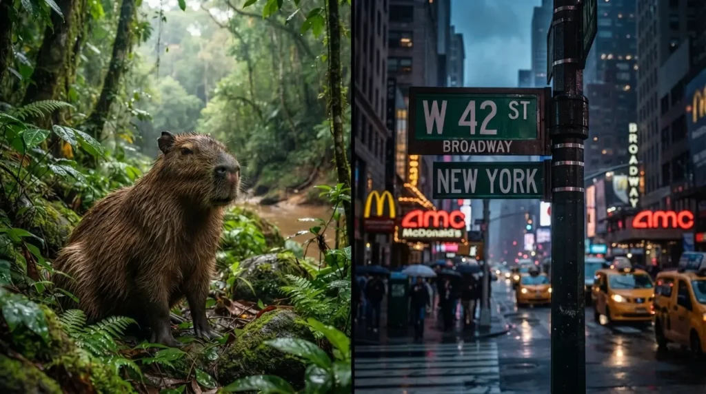 Split image comparing a capybara in its natural rainforest habitat versus New York City's Times Square, illustrating the legal question of owning a capybara in New York