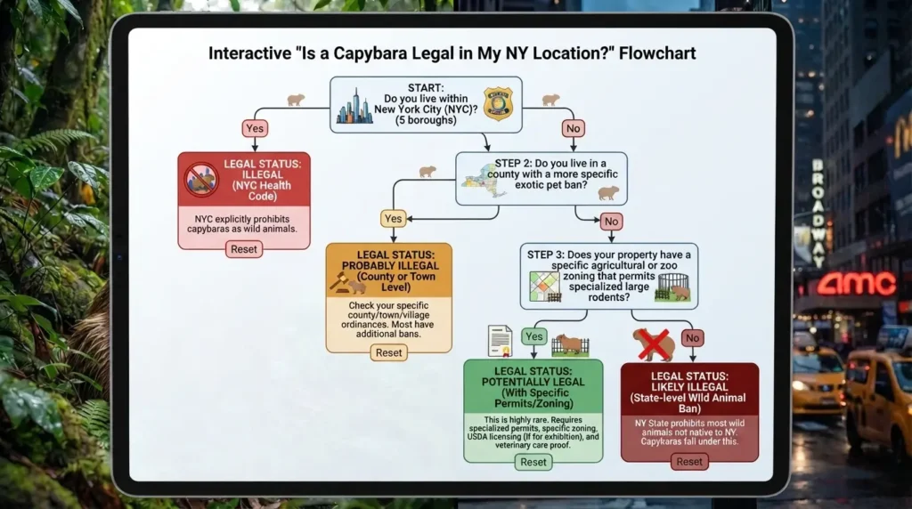 Tablet screen displaying an interactive flowchart titled "Is a Capybara Legal in My NY Location?" with decision branches for NYC, county-level, and state-level capybara ownership rules