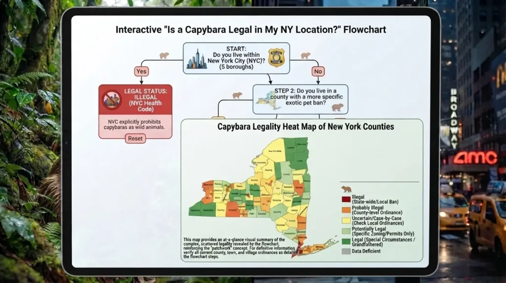 Tablet showing an interactive New York capybara legality flowchart alongside a color-coded heat map of NY counties ranking areas as illegal, probably illegal, uncertain, or potentially legal for capybara ownership