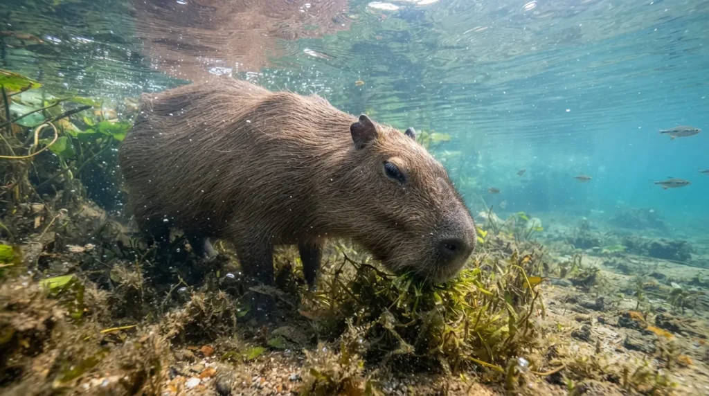 Close up of a Capybara grazing underwater weeds