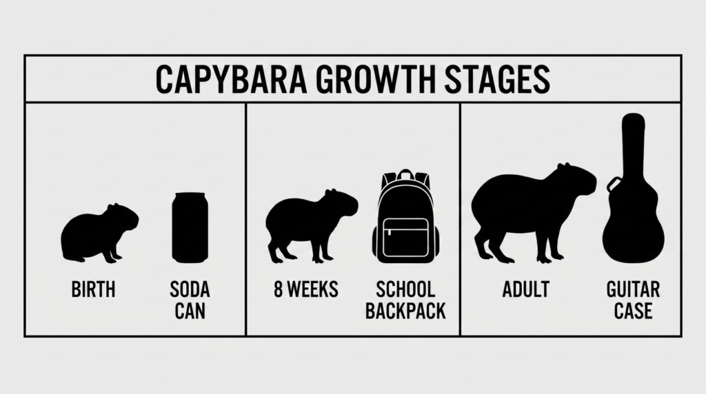 Infographic chart illustrating capybara growth stages from birth to full adult size compared with everyday objects.
