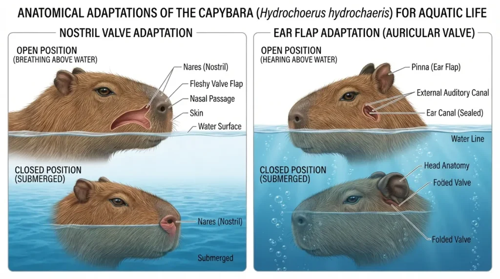 Scientific diagram showing capybara aquatic adaptations, including nostril valve and ear flap anatomy in open and closed positions while swimming and submerged underwater.