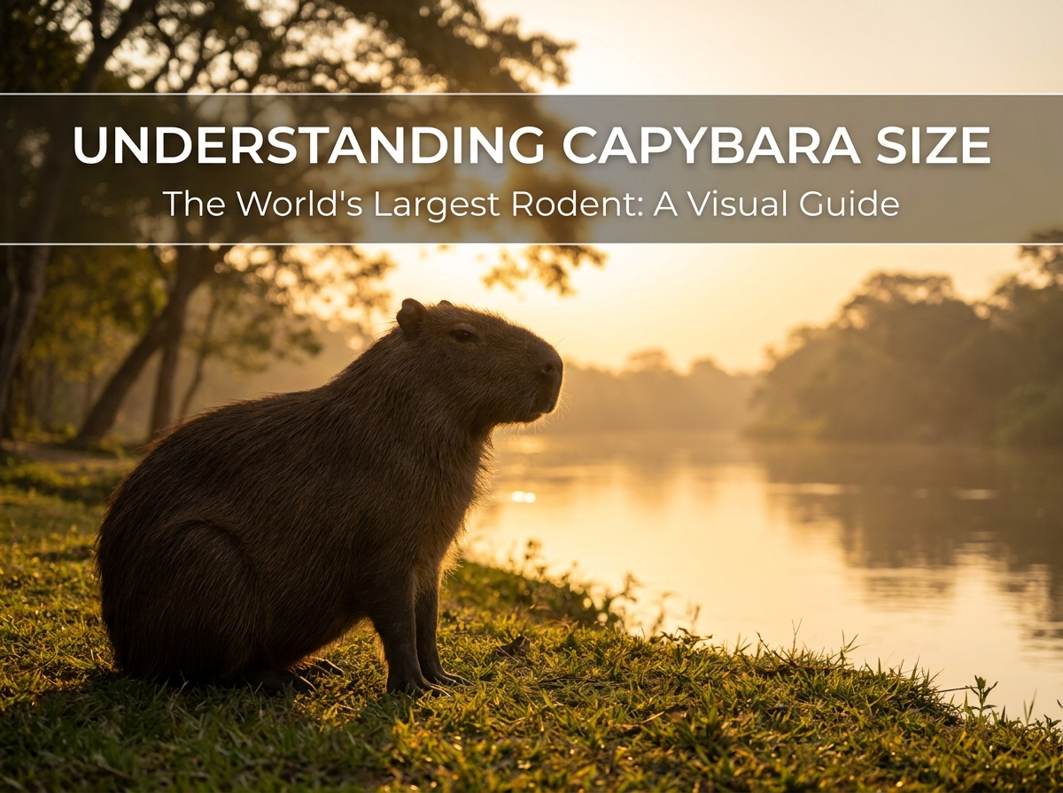 Capybara sitting on a grassy riverbank at sunset with overlay text titled Understanding Capybara Size: The World's Largest Rodent.