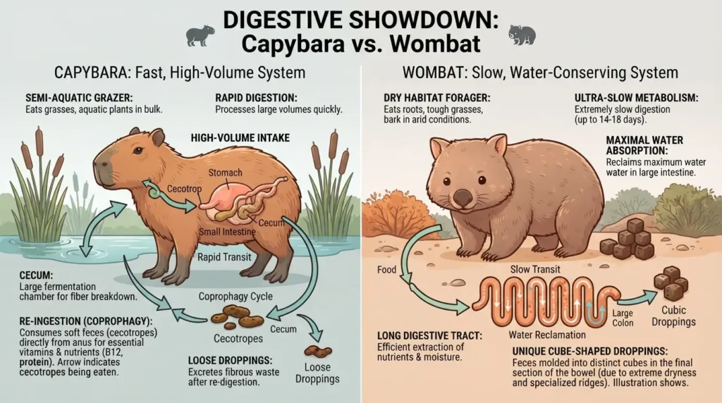 how capybara have different digestive system than wombat
