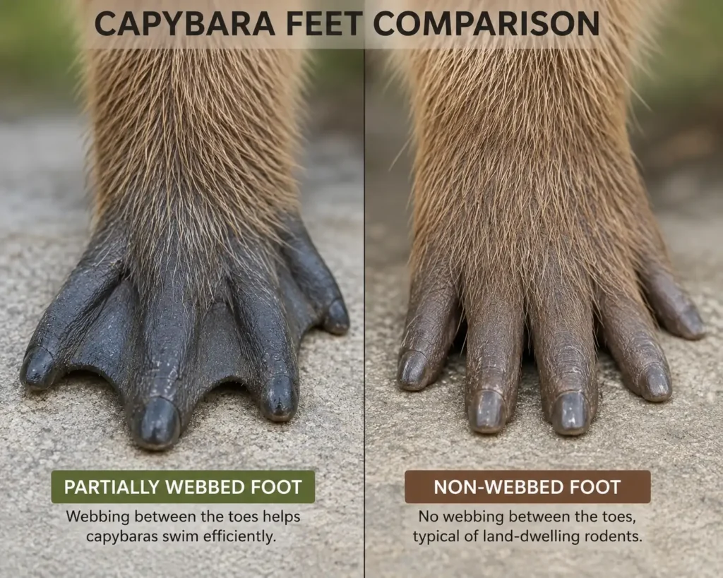 Close-up comparison of a capybara's partially webbed foot next to a non-webbed foot, highlighting capybara foot anatomy and the webbing between the toes.