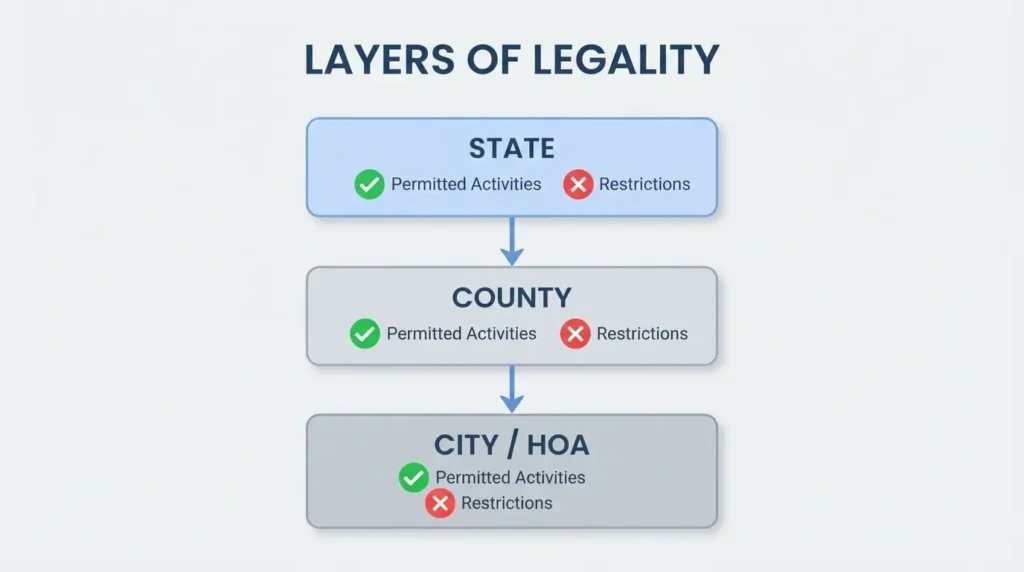 Flowchart showing the layers of capybara ownership legality, illustrating how state, county, and city or HOA regulations each determine whether owning a capybara is permitted or restricted.