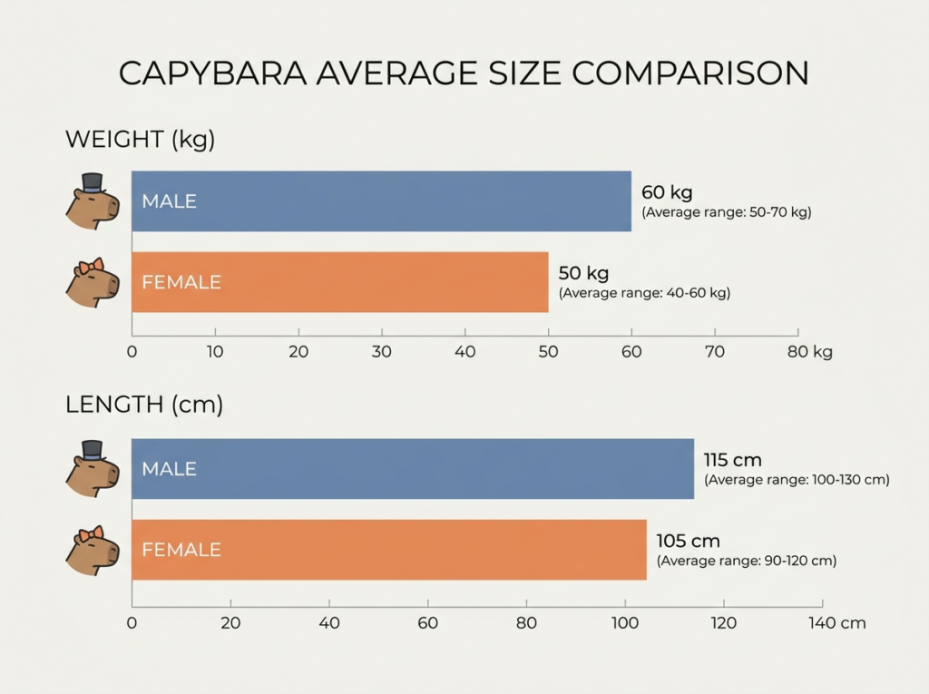 Infographic bar chart comparing capybara weight, height, and body length with female capybara