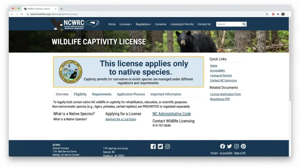Screenshot of the North Carolina Wildlife Resources Commission (NCWRC) Wildlife Captivity License webpage explaining that the license applies only to native species and not exotic animals like capybaras.