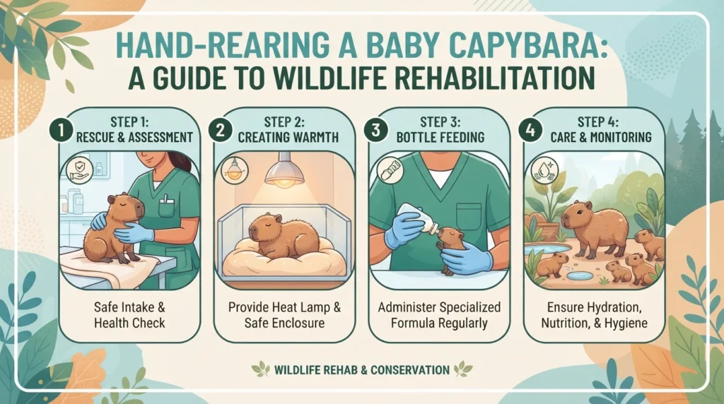 Four-step infographic on hand-rearing a baby capybara, covering rescue, warmth, bottle feeding, and care