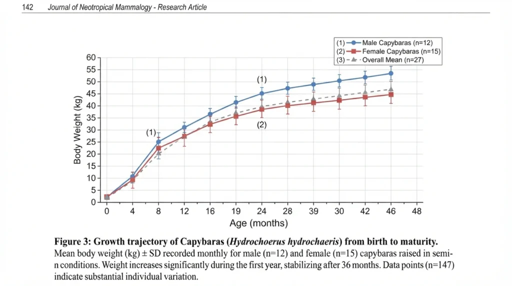 Line graph showing capybara body weight growth from birth to 48 months, comparing male and female capybaras, with weight increasing from 2kg at birth to over 50kg by maturity