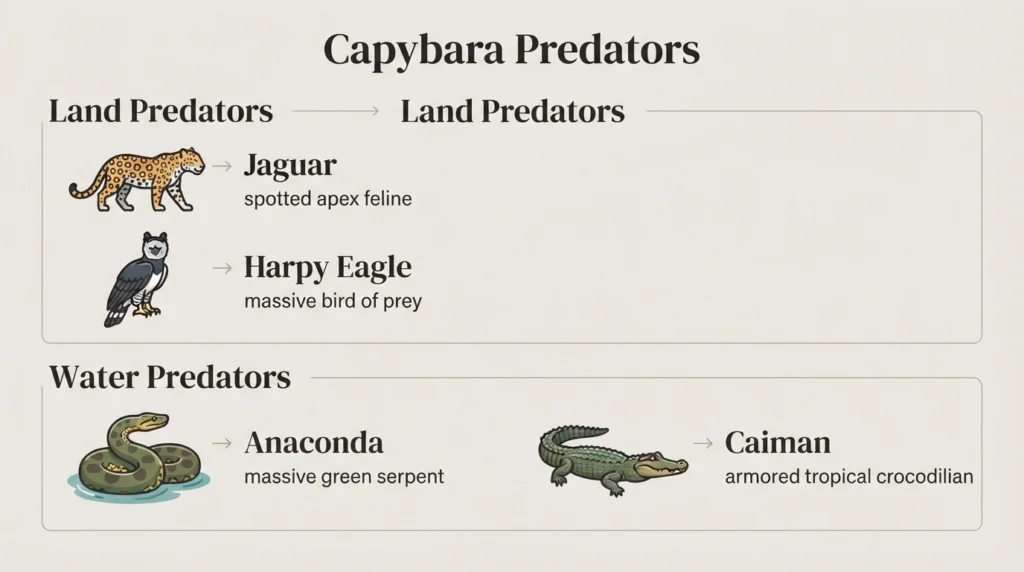 Infographic listing capybara predators, split into land predators (jaguar, harpy eagle) and water predators (anaconda, caiman)
