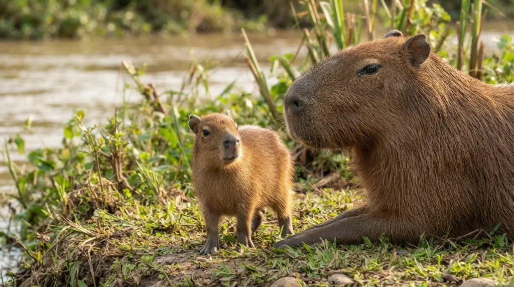 Newborn capybara pup standing next to its mother on a muddy riverbank, showing the size difference between baby and adult capybara